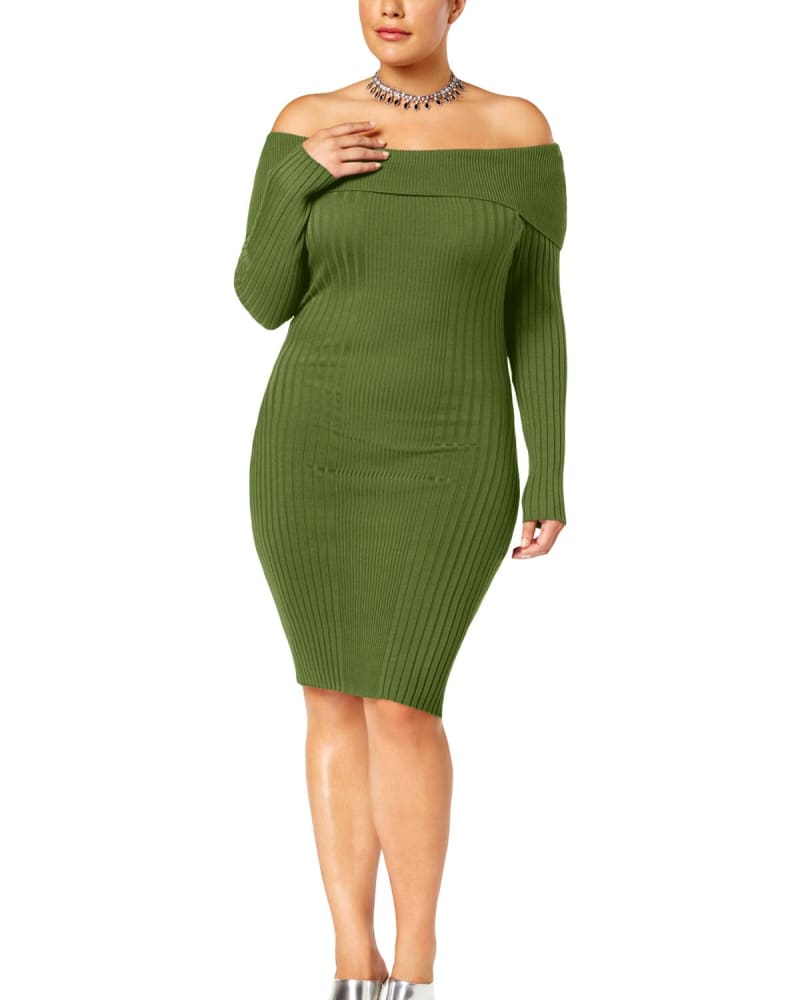 Front of a model wearing a size XL Say What? Women's Plus Marilyn Off-the-Shoulder Party Bodycon Dress Green Size XL in Green by SayWhat?. | dia_product_style_image_id:313230